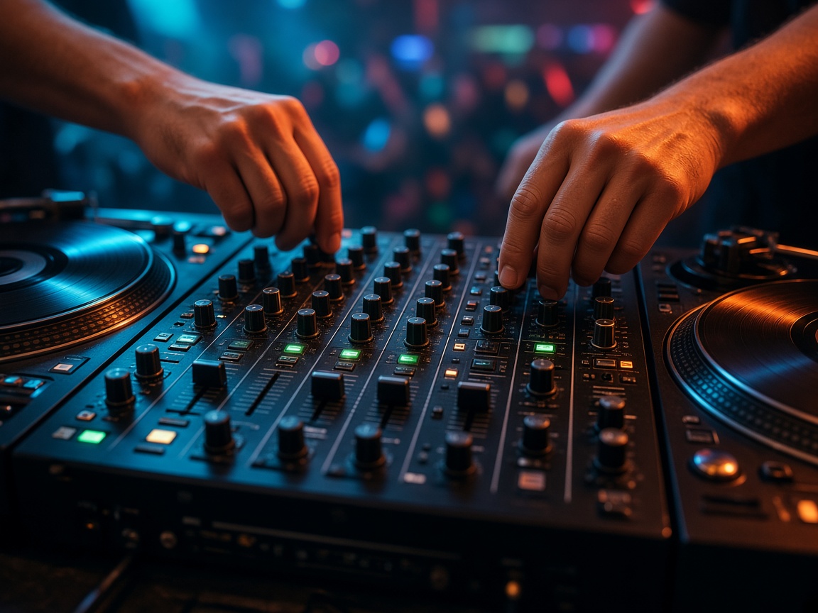 DJ mixer under teal and orange stage lights