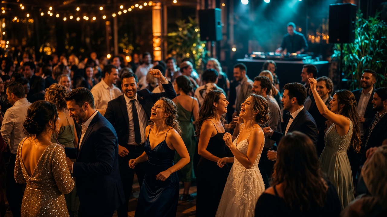 Packed dance floor at a wedding reception