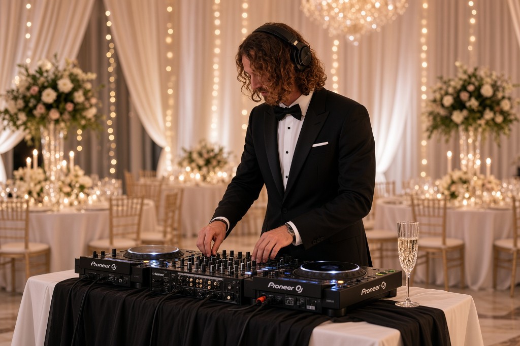 Joshua Holt DJing a wedding reception in a tuxedo