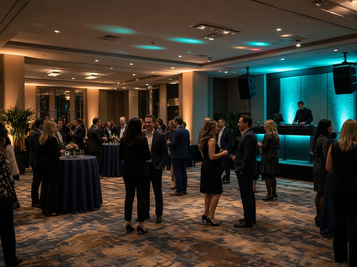 Guests at a corporate holiday party with professional DJ lighting