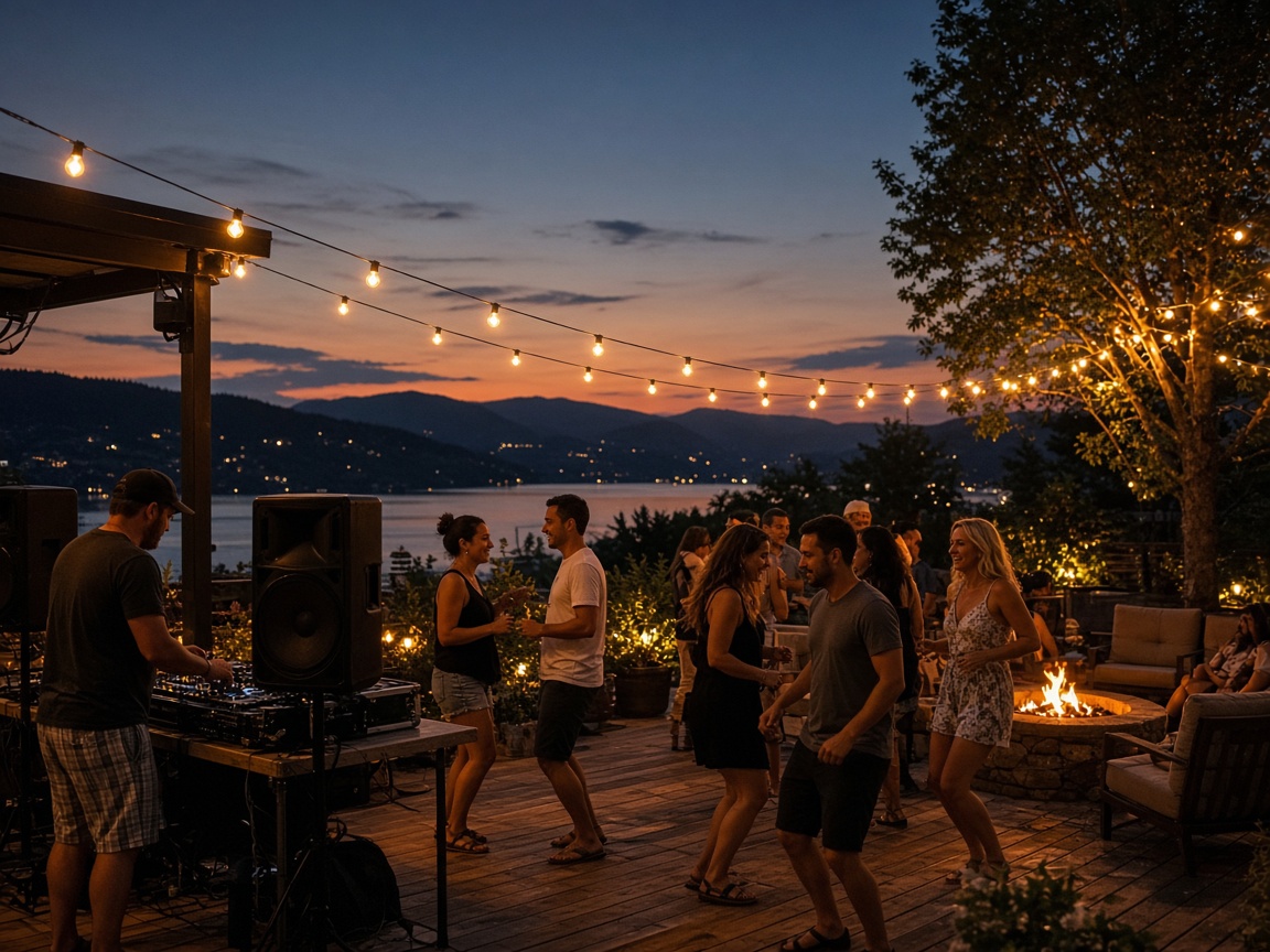 Outdoor private birthday party with string lights and dancing