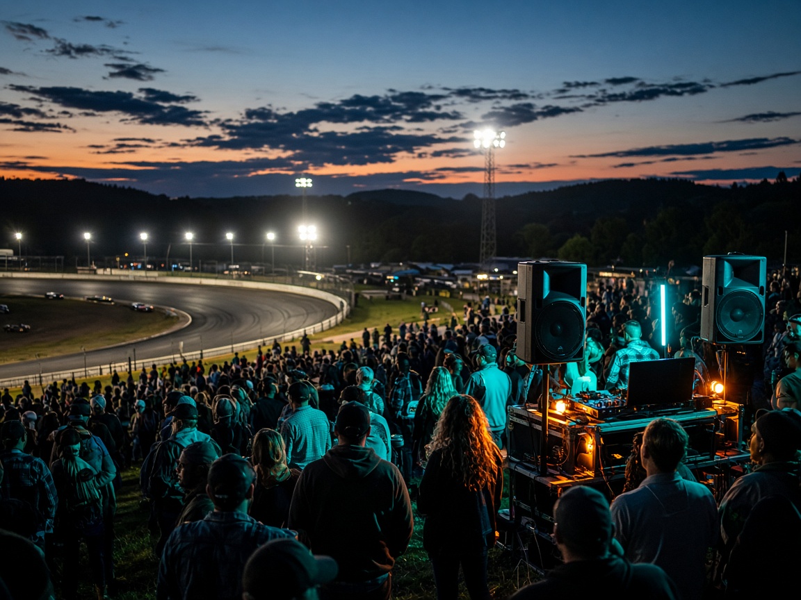 Outdoor specialty race night event with crowd and DJ lighting